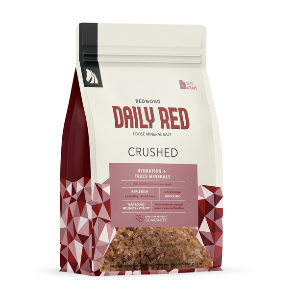 Daily Red Crushed small bag front with red geometric pattern: hydration + trace minerals