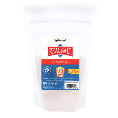 Redmond Real Salt Popcorn Salt in a resealable 10-ounce bag. 
