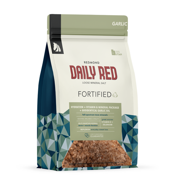 Daily Red Fortified Garlic small bag front, green top band reading Garlic