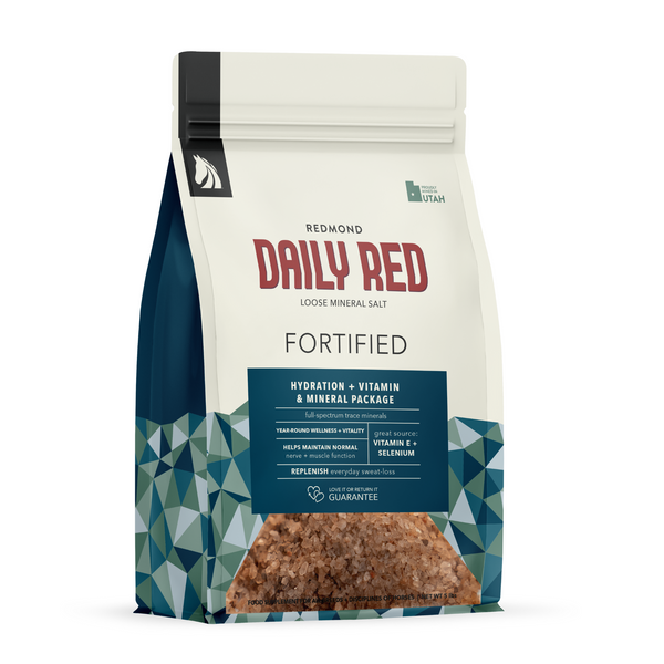 Daily Red Fortified small bag front with blue geometric pattern: hydration + vitamin & mineral package