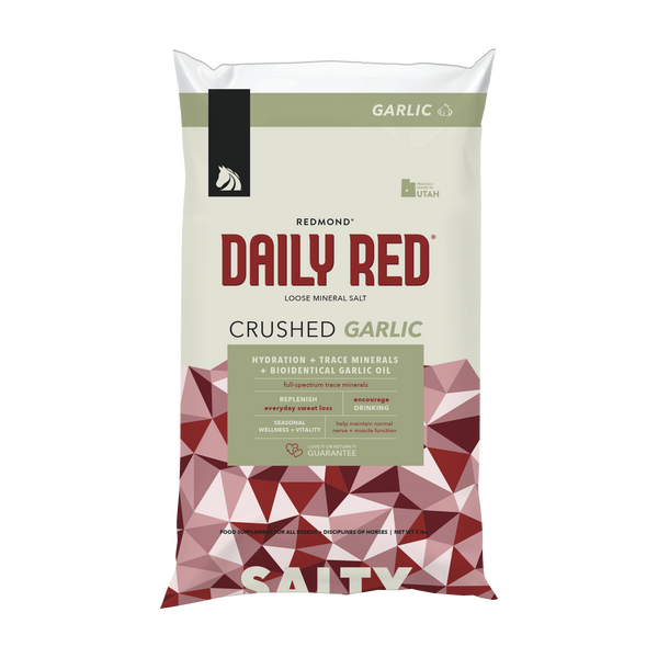 Daily Red Crushed Garlic large sack front, green Garlic band at top, SALTY at bottom