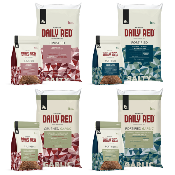 Four Daily Red lines, small bag and large sack each: Crushed, Fortified, Crushed Garlic, Fortified Garlic