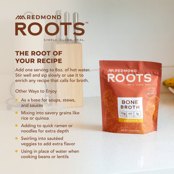 Chicken Bone Broth bag with The Root of Your Recipe prep steps and serving ideas