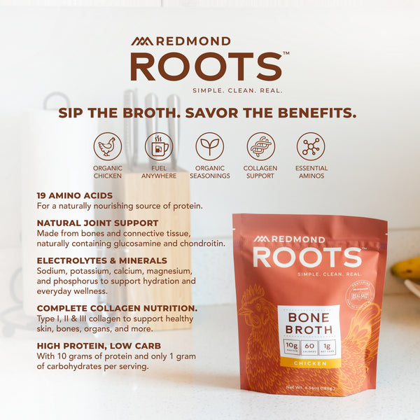 Chicken Bone Broth bag with benefits list: 19 amino acids, natural joint support, collagen nutrition