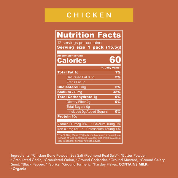 Chicken Bone Broth nutrition facts: 1 pack serving, 60 calories, 10g protein, and ingredients