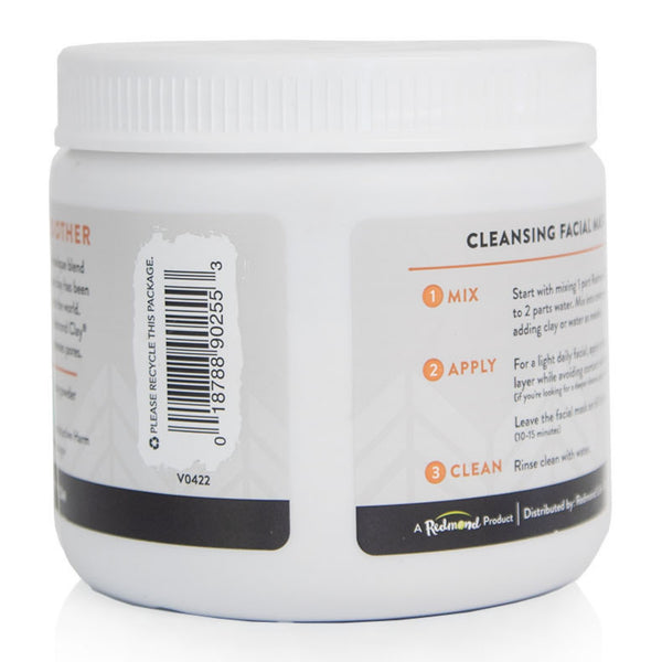 White jar of Redmond Cleansing Facial Mask displays ingredients and instructions. 
