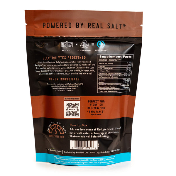 a rear view of our Limited Edition, chocolate flavored re-lyte hydration electrolyte powder 45 serving pouch with a white background