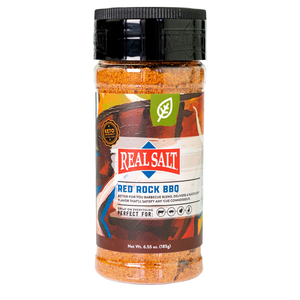 Real Salt Red Rock BBQ shaker front, net wt 6.31 oz