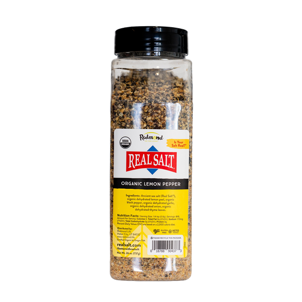Real Salt Organic Lemon Pepper 26 oz jar front, yellow label