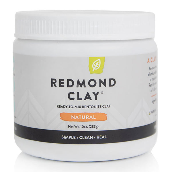 White plastic jar of Redmond natural ready-to-mix bentonite clay, shown with a closed lid. 
