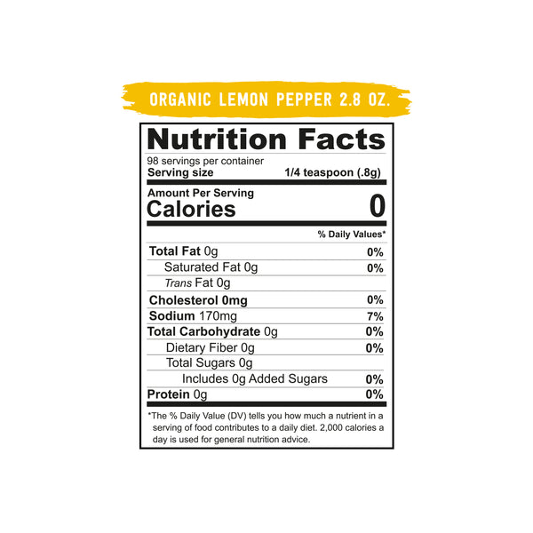 Nutrition facts label for organic lemon pepper seasoning. Shows zero calories per serving and lists sodium content.