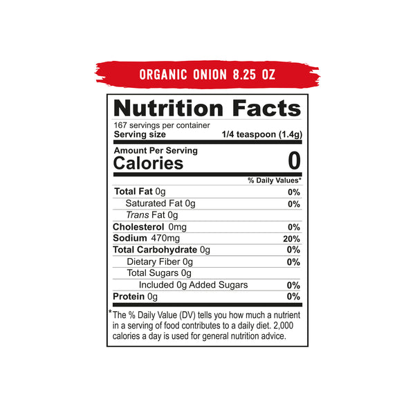 Nutrition Facts label for organic onion, highlighting zero calories per serving. 
