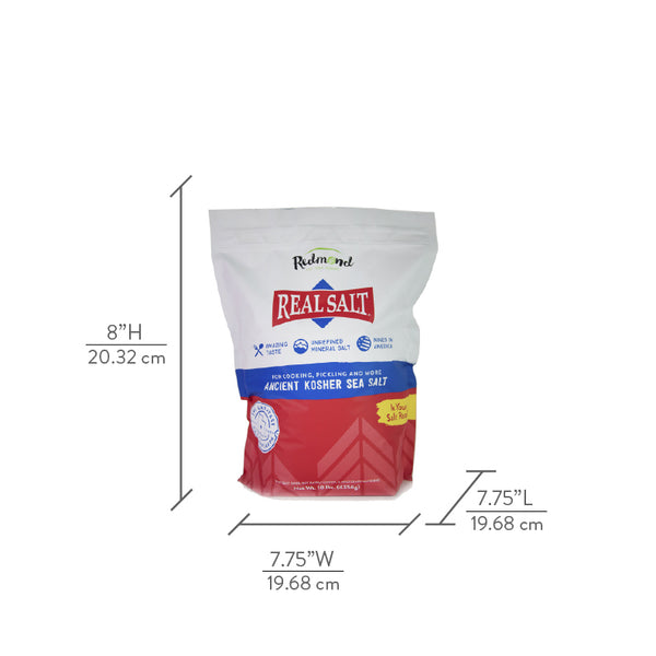 Redmond Real Salt brand ancient kosher sea salt in a large resealable bag. 

