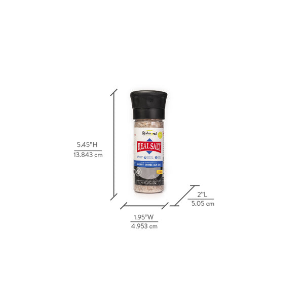 A grinder of Redmond Real Salt Ancient Coarse Sea Salt stands against a white background with size dimensions displayed. 
