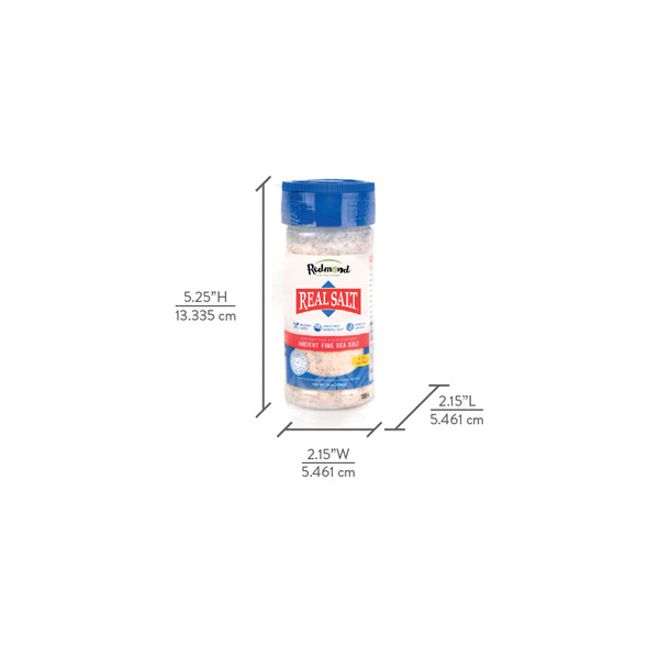 Redmond Real Salt ancient fine sea salt in a transparent plastic bottle with a blue lid, displaying dimensions. 
