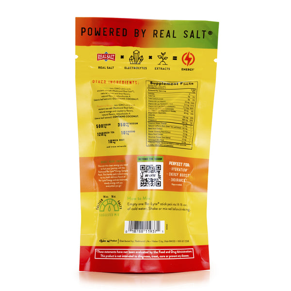 Yellow Redmond Re-Lyte Raspberry Mango single-serving stick pack showing nutritional information and ingredients. 
