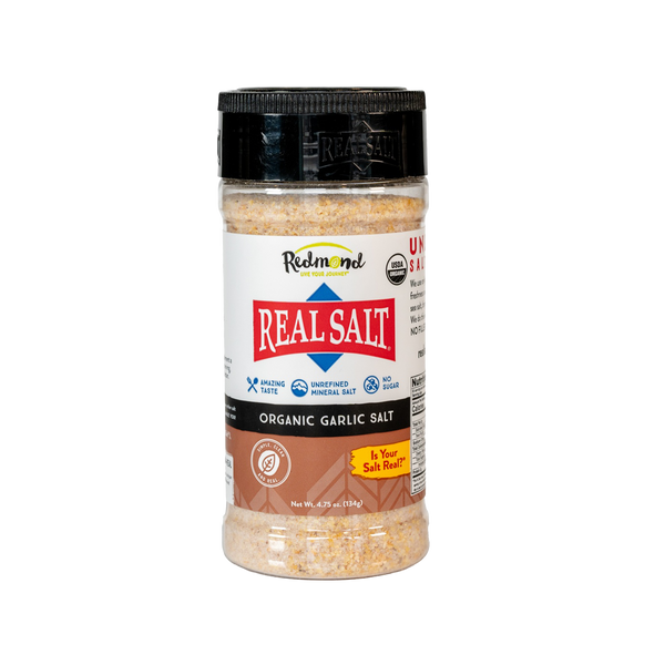Real Salt Organic Garlic Salt shaker front, brown label band