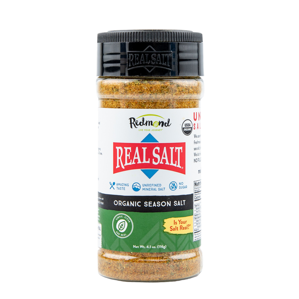 Real Salt Organic Season Salt shaker front, green label band