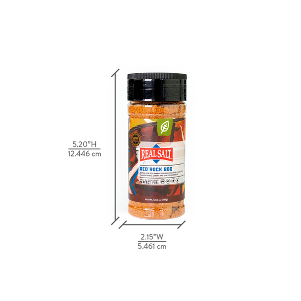 Real Salt Red Rock BBQ shaker with dimensions: 5.20 in tall, 2.15 in wide