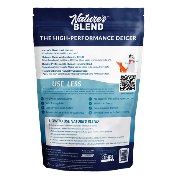 Nature's Blend ice melt bag showcasing the product's natural ingredients and effectiveness in cold temperatures. 
