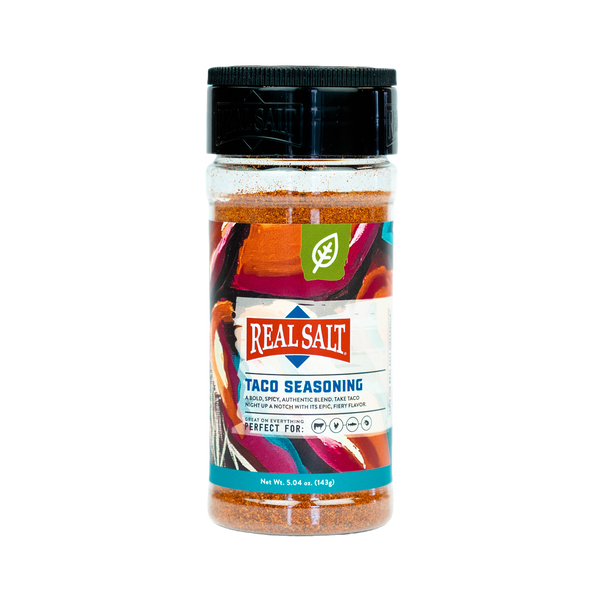Real Salt Taco Seasoning shaker front with colorful label