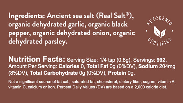 "Keto Certified seal lists organic ingredients and nutrition facts for a seasoning blend." 
